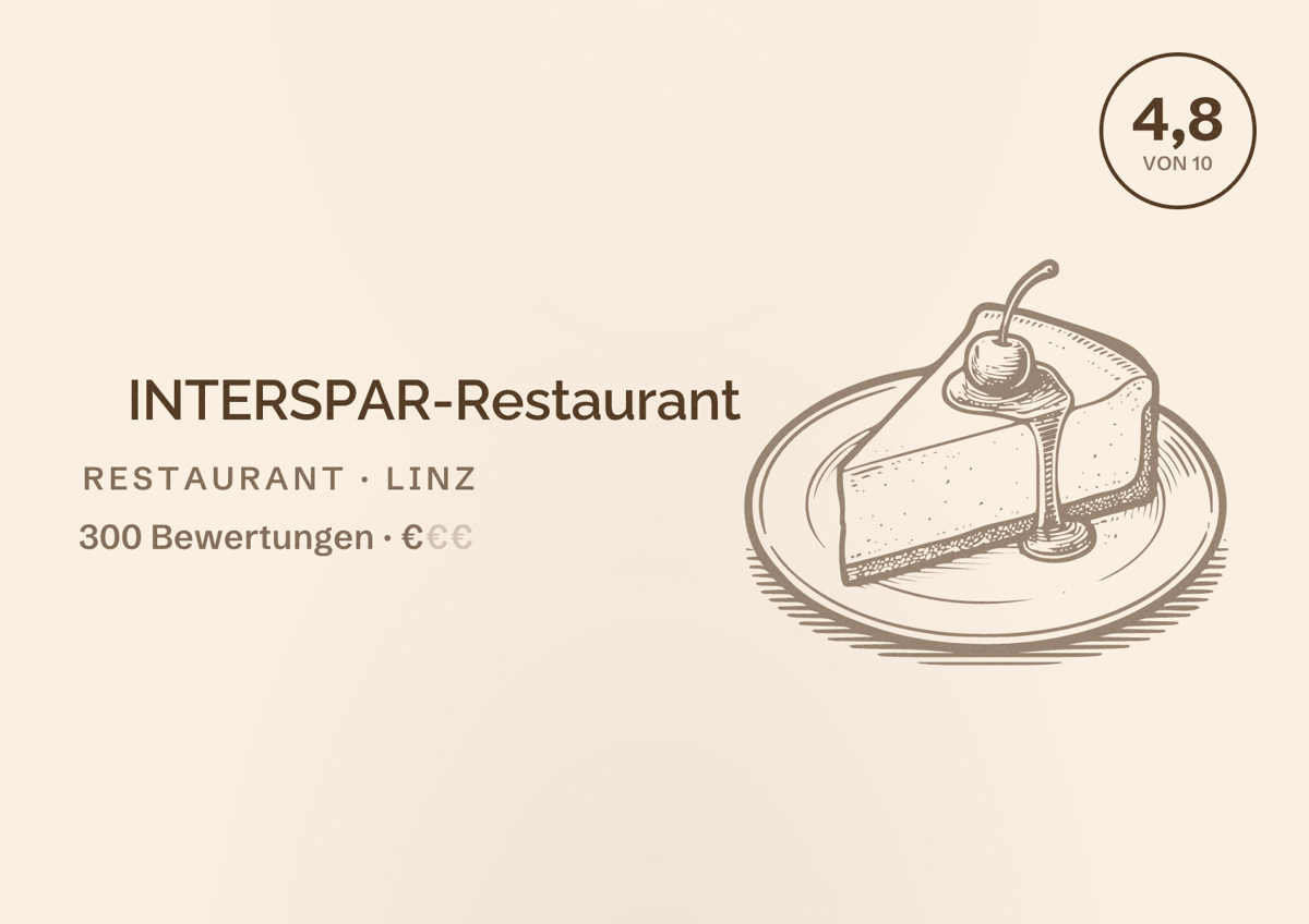 Illustriertes Poster von INTERSPAR-Restaurant, Restaurant in Linz: Bewertung 4,8 von 10 aus 300 Bewertungen, Preisniveau €
