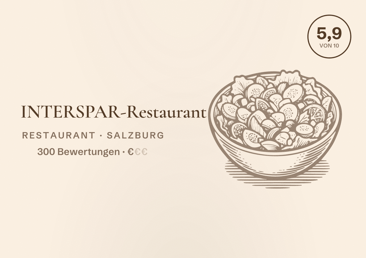 Illustriertes Poster von INTERSPAR-Restaurant, Restaurant in Salzburg: Bewertung 5,9 von 10 aus 300 Bewertungen, Preisniveau €