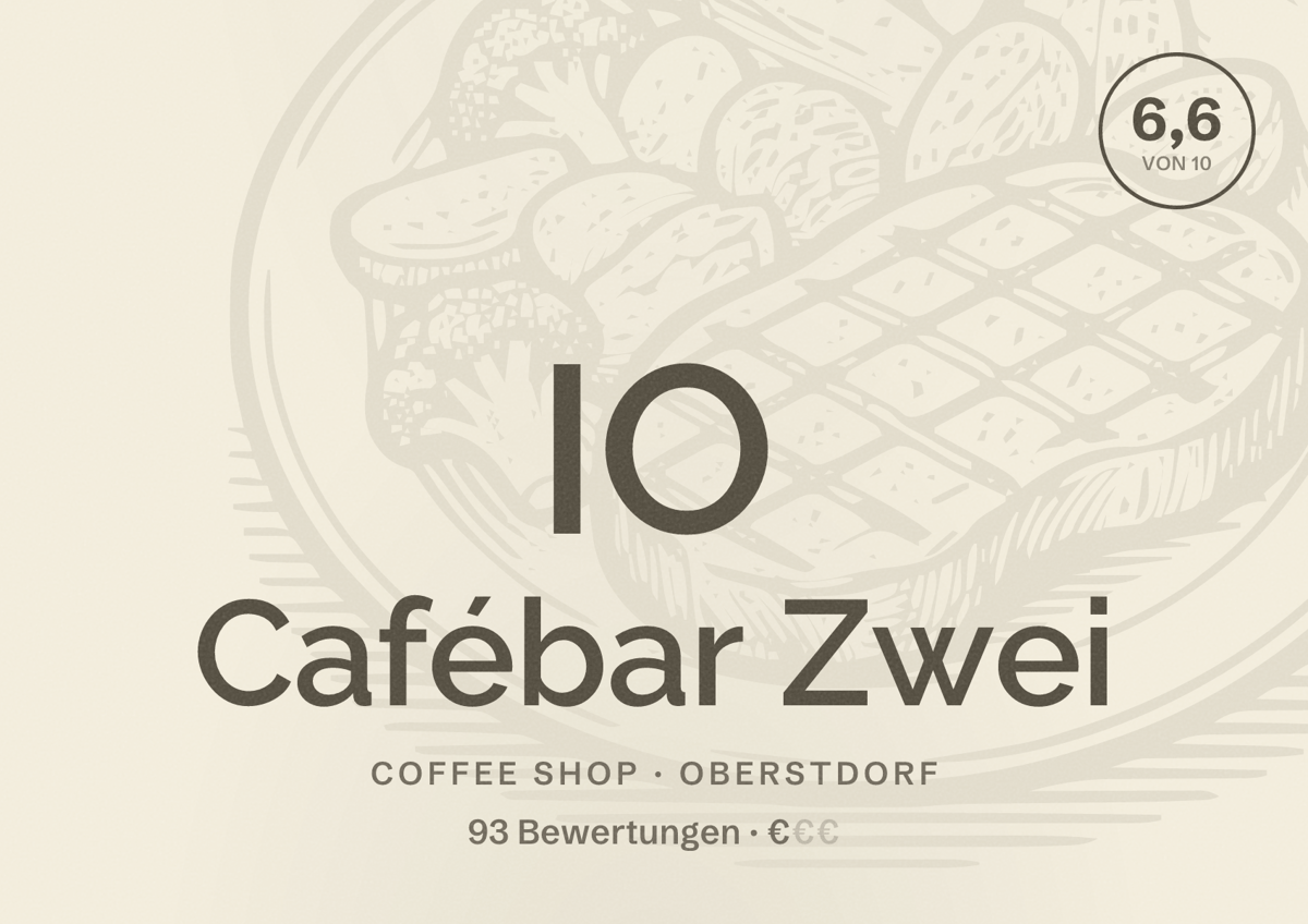 Illustriertes Poster von IO Cafébar Zwei, Coffee Shop in Oberstdorf: Bewertung 6,6 von 10 aus 93 Bewertungen, Preisniveau €