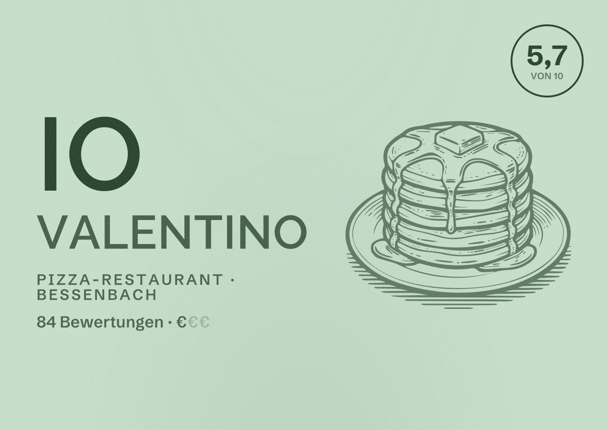 Illustriertes Poster von Io Valentino, Pizza-Restaurant in Bessenbach: Bewertung 5,7 von 10 aus 84 Bewertungen, Preisniveau €