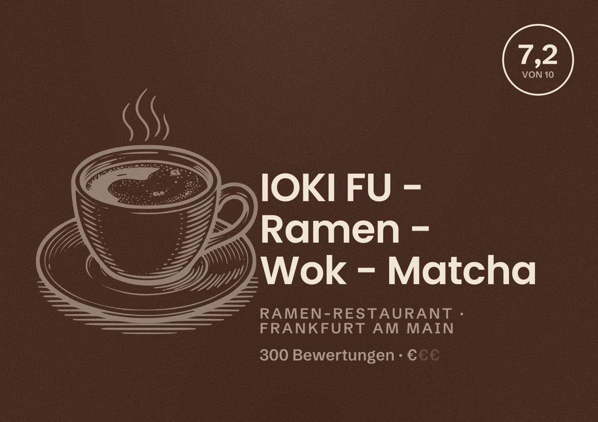 Illustriertes Poster von IOKI FU - Ramen - Wok - Matcha, Ramen-Restaurant in Frankfurt am Main: Bewertung 7,2 von 10 aus 300 Bewertungen, Preisniveau €