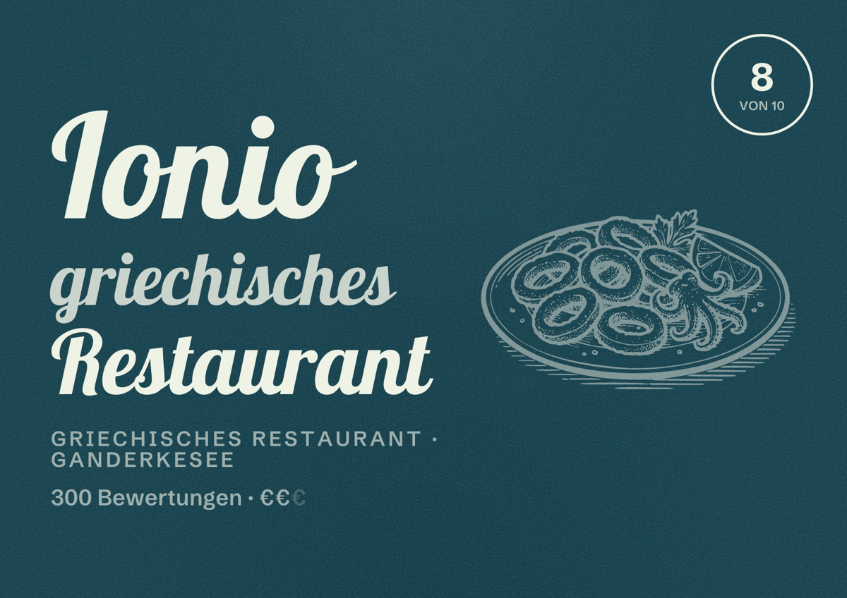 Illustriertes Poster von Ionio griechisches Restaurant, Griechisches Restaurant in Ganderkesee: Bewertung 8 von 10 aus 300 Bewertungen, Preisniveau €€