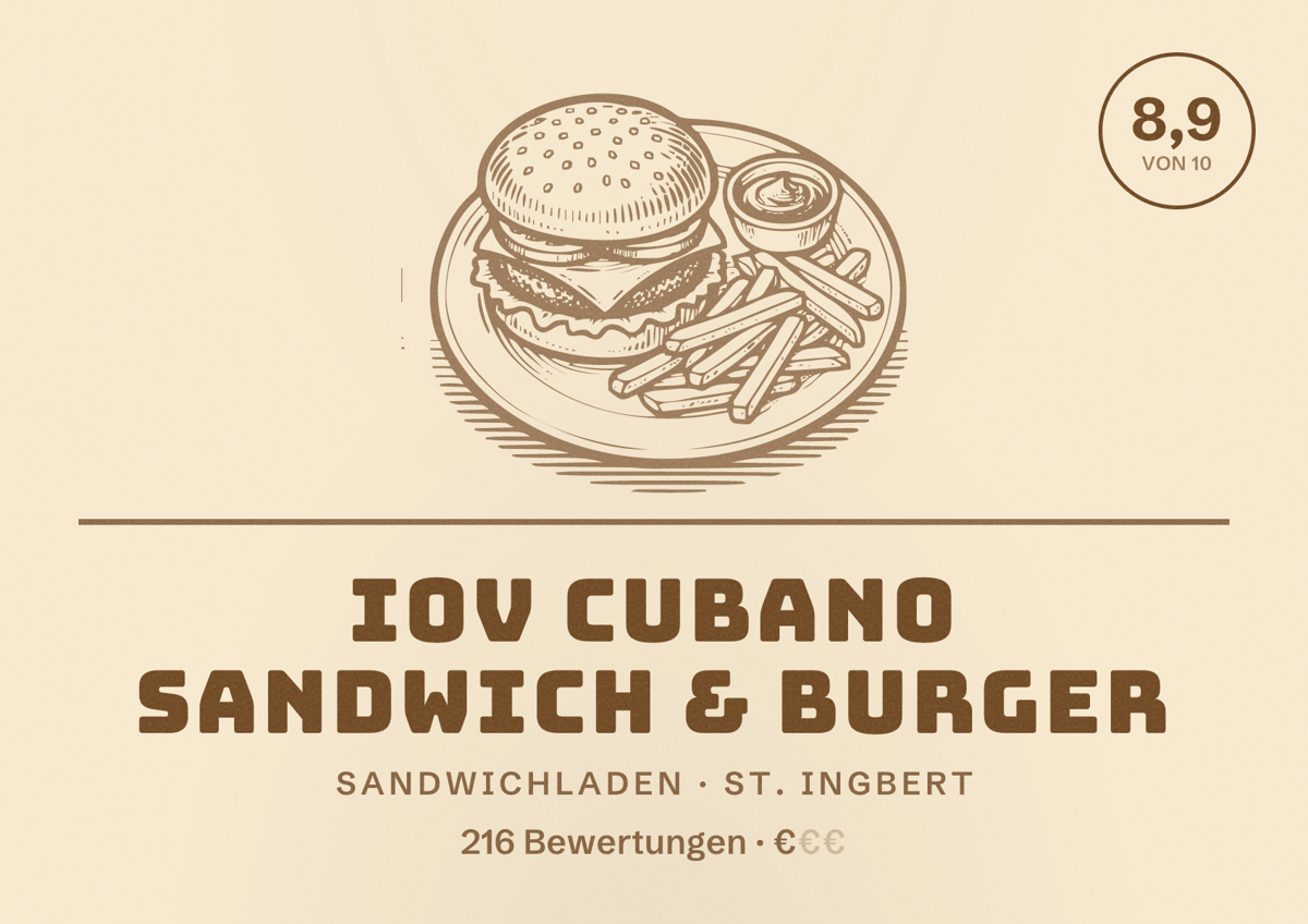 Illustriertes Poster von IOV Cubano Sandwich & Burger, Sandwichladen in St. Ingbert: Bewertung 8,9 von 10 aus 216 Bewertungen, Preisniveau €