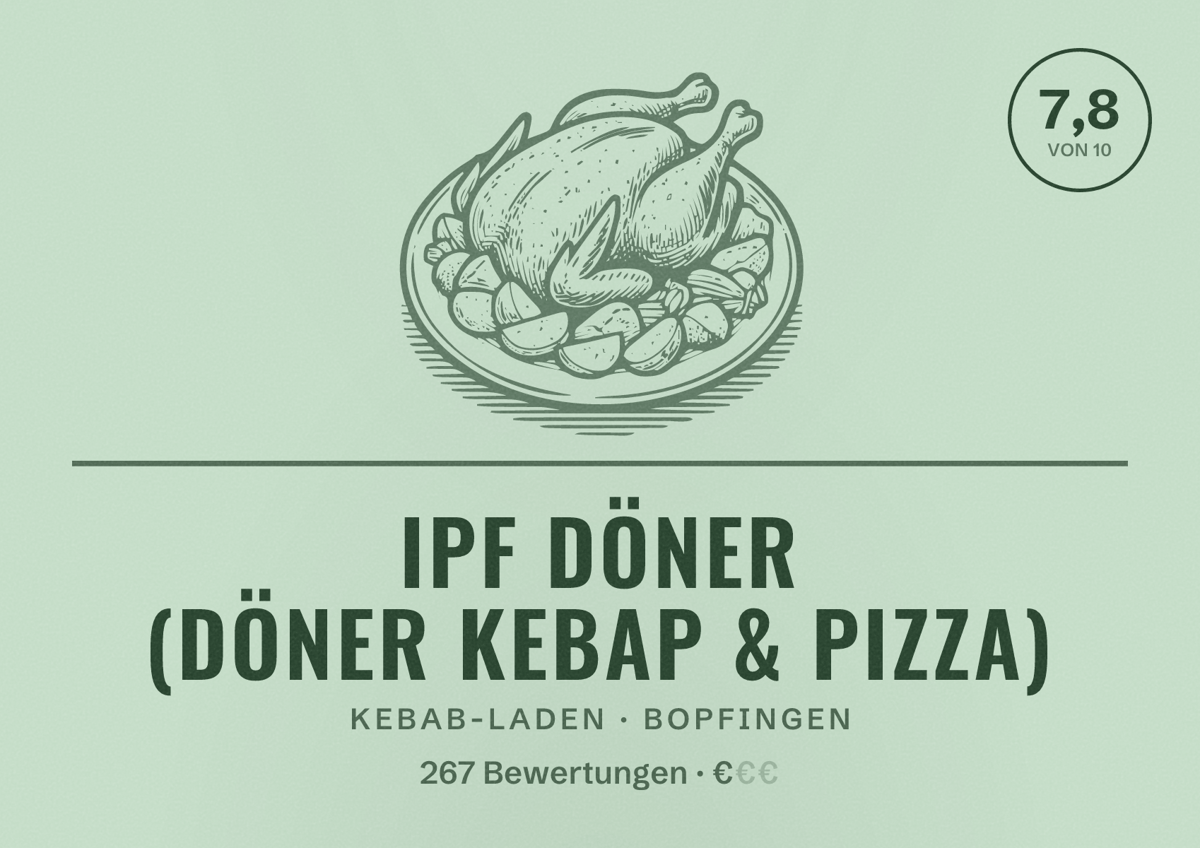 Illustriertes Poster von Ipf Döner (Döner Kebap & Pizza), Kebab-Laden in Bopfingen: Bewertung 7,8 von 10 aus 267 Bewertungen, Preisniveau €