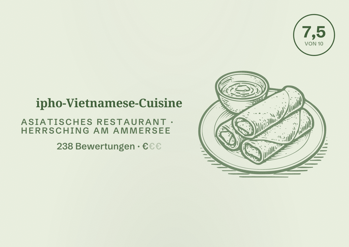 Illustriertes Poster von ipho-Vietnamese-Cuisine, Asiatisches Restaurant in Herrsching am Ammersee: Bewertung 7,5 von 10 aus 238 Bewertungen, Preisniveau €