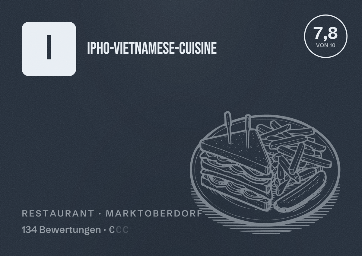 Illustriertes Poster von ipho-vietnamese-cuisine, Restaurant in Marktoberdorf: Bewertung 7,8 von 10 aus 134 Bewertungen, Preisniveau €