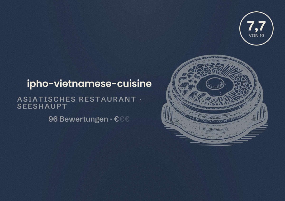 Illustriertes Poster von ipho-vietnamese-cuisine, Asiatisches Restaurant in Seeshaupt: Bewertung 7,7 von 10 aus 96 Bewertungen, Preisniveau €