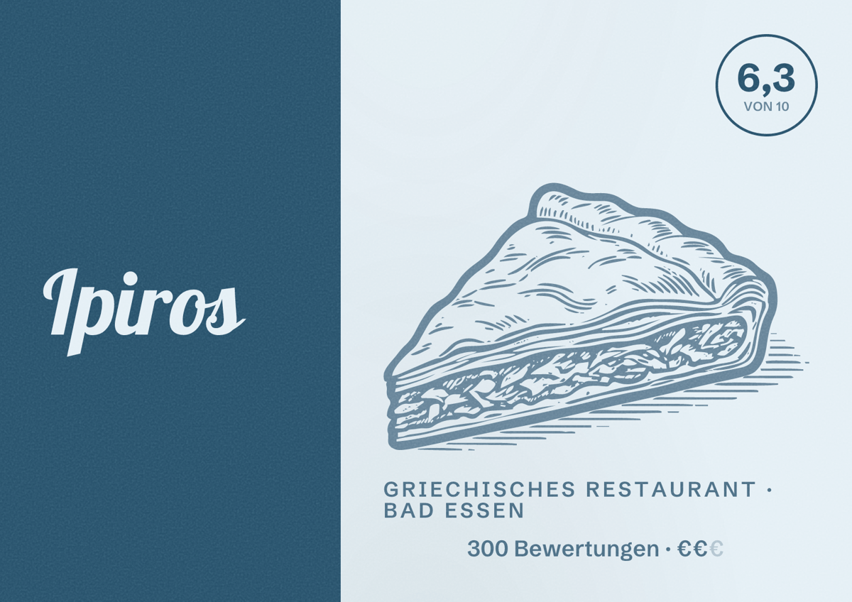 Illustriertes Poster von Ipiros, Griechisches Restaurant in Bad Essen: Bewertung 6,3 von 10 aus 300 Bewertungen, Preisniveau €€