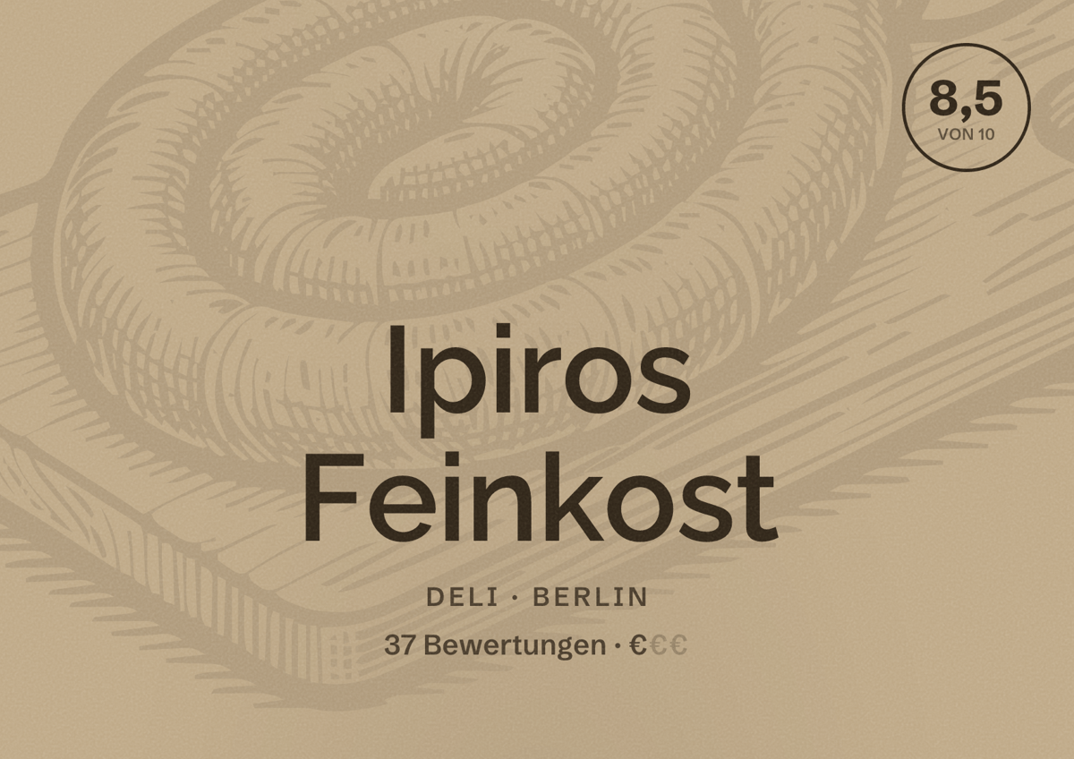 Illustriertes Poster von Ipiros Feinkost, Deli in Berlin: Bewertung 8,5 von 10 aus 37 Bewertungen, Preisniveau €