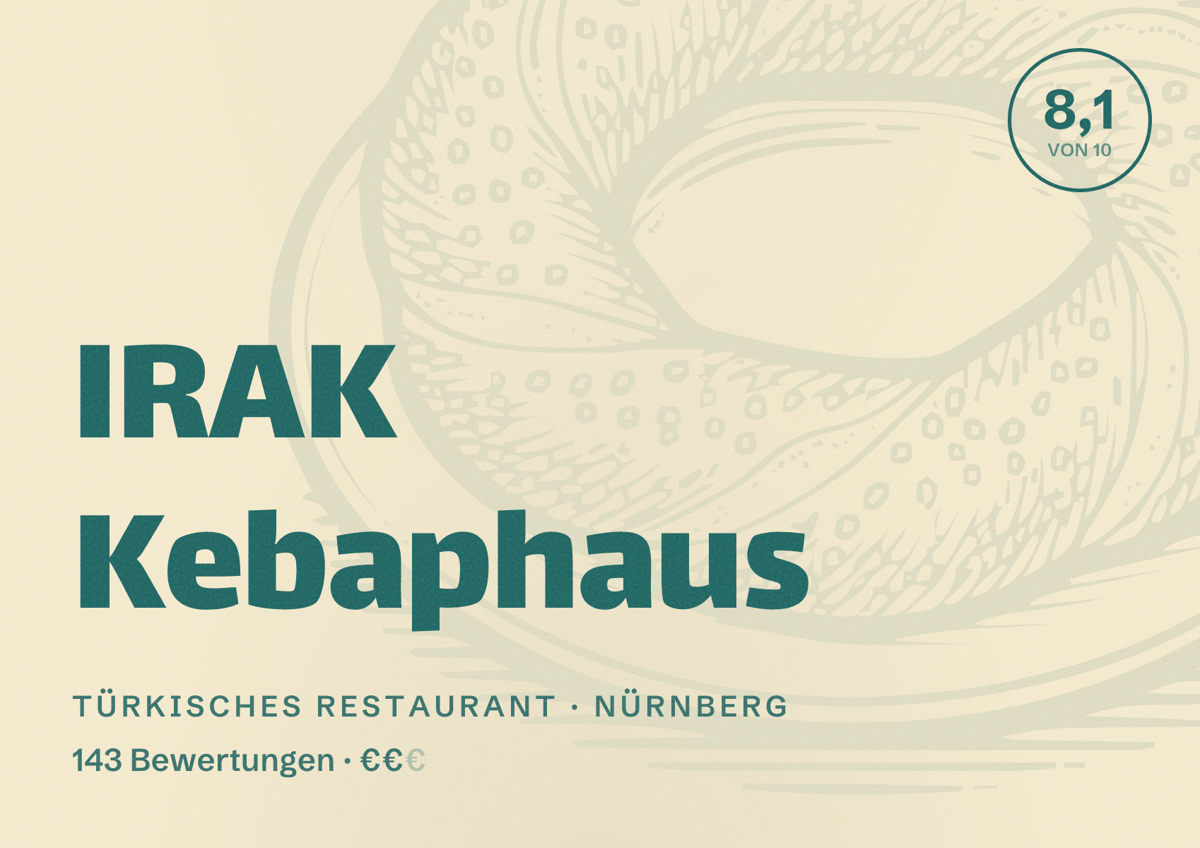 Illustriertes Poster von IRAK Kebaphaus, Türkisches Restaurant in Nürnberg: Bewertung 8,1 von 10 aus 143 Bewertungen, Preisniveau €€