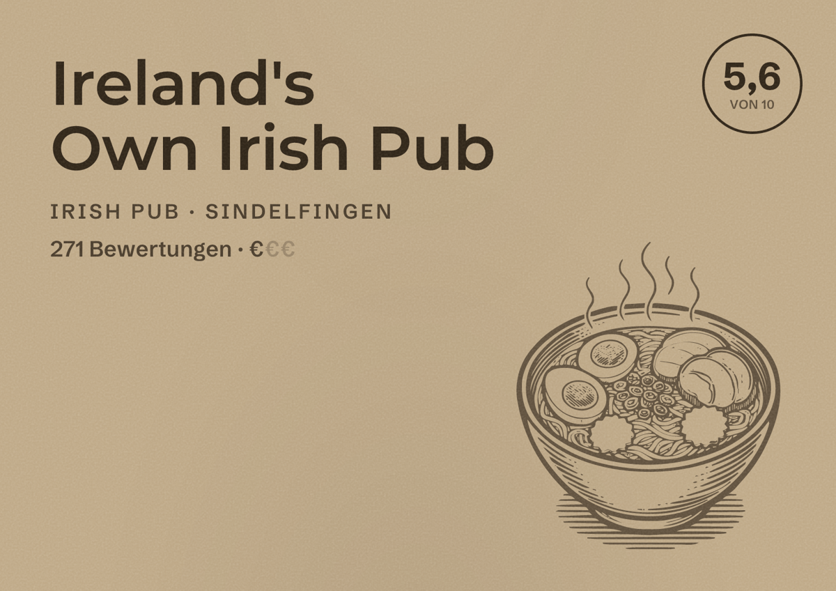 Illustriertes Poster von Ireland's Own Irish Pub, Irish Pub in Sindelfingen: Bewertung 5,6 von 10 aus 271 Bewertungen, Preisniveau €