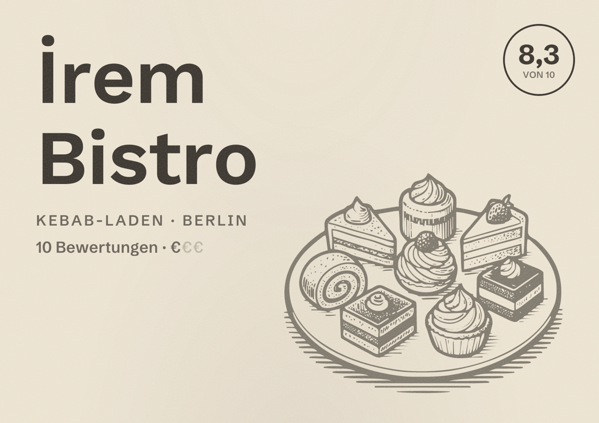 Illustriertes Poster von İrem Bistro, Kebab-Laden in Berlin: Bewertung 8,3 von 10 aus 10 Bewertungen, Preisniveau €