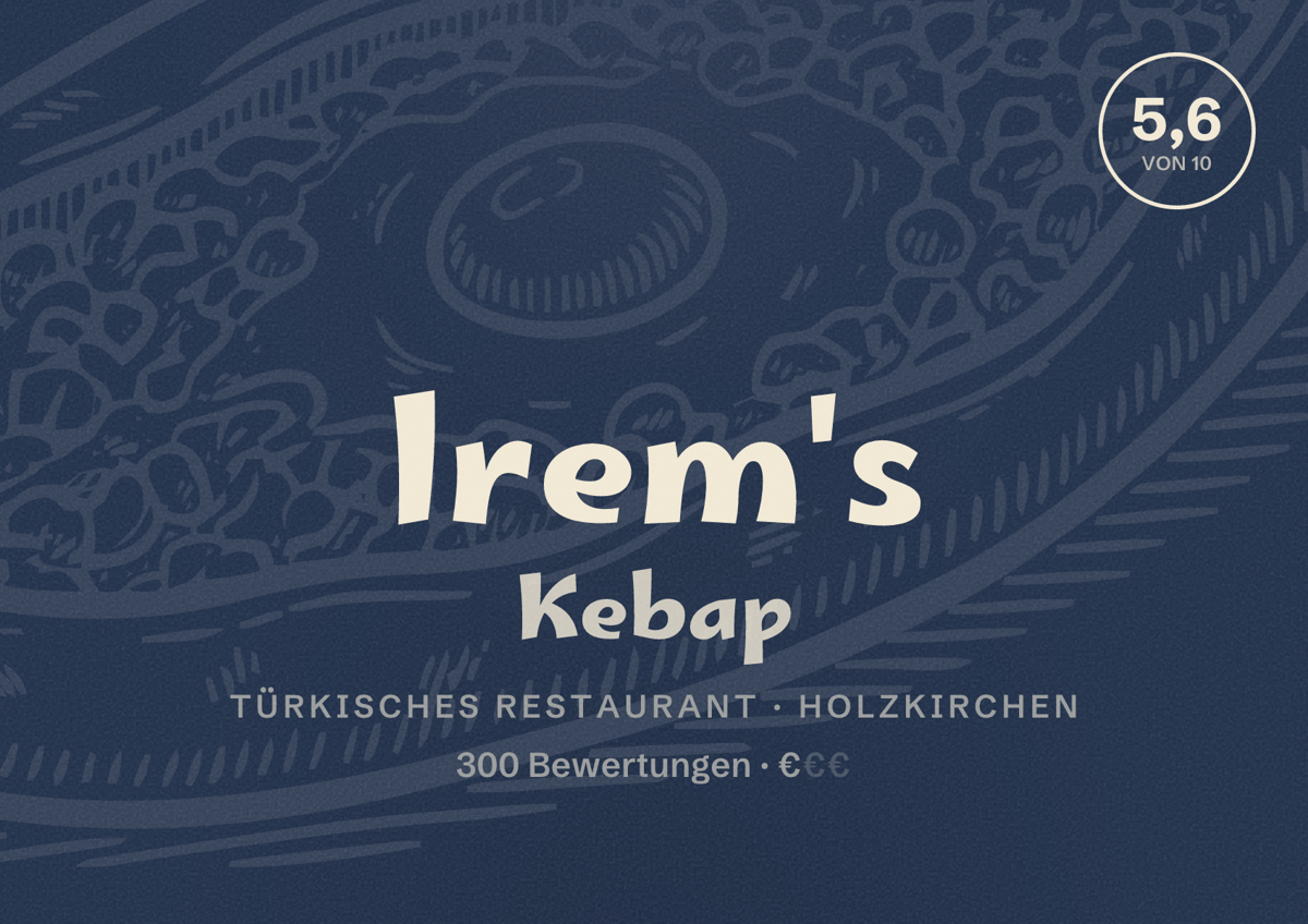 Illustriertes Poster von Irem's Kebap, Türkisches Restaurant in Holzkirchen: Bewertung 5,6 von 10 aus 300 Bewertungen, Preisniveau €