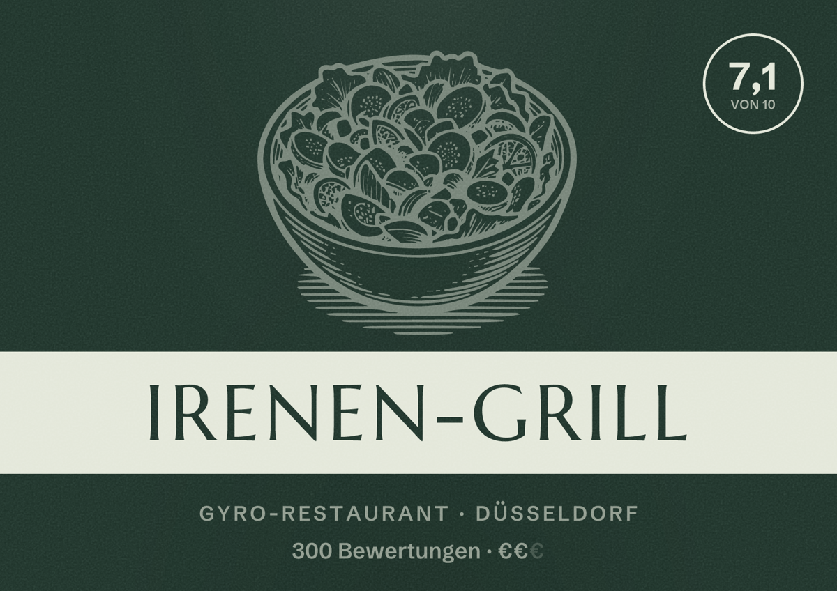 Illustriertes Poster von Irenen-Grill, Gyro-Restaurant in Düsseldorf: Bewertung 7,1 von 10 aus 300 Bewertungen, Preisniveau €€
