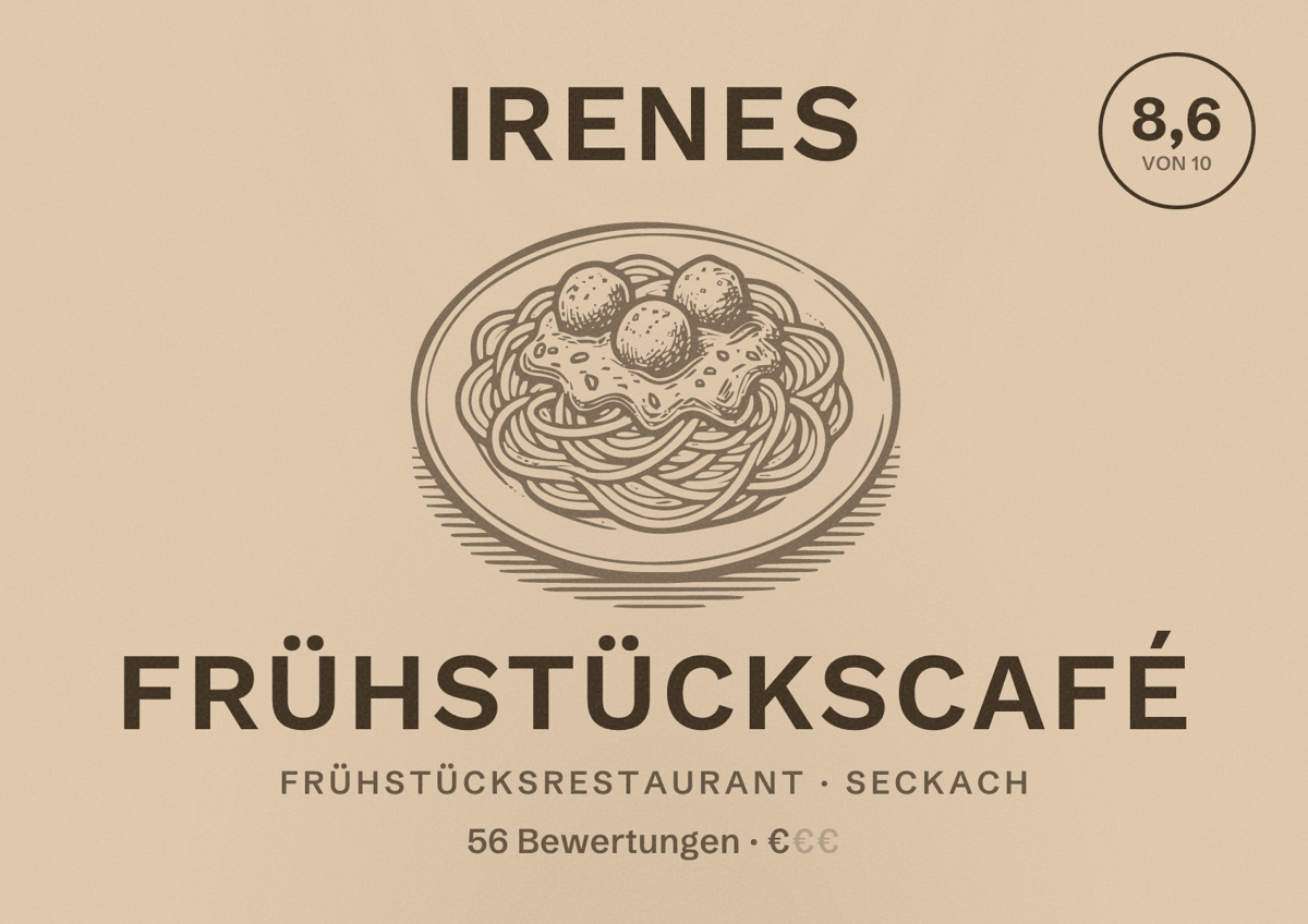Illustriertes Poster von Irenes Frühstückscafé, Frühstücksrestaurant in Seckach: Bewertung 8,6 von 10 aus 56 Bewertungen, Preisniveau €