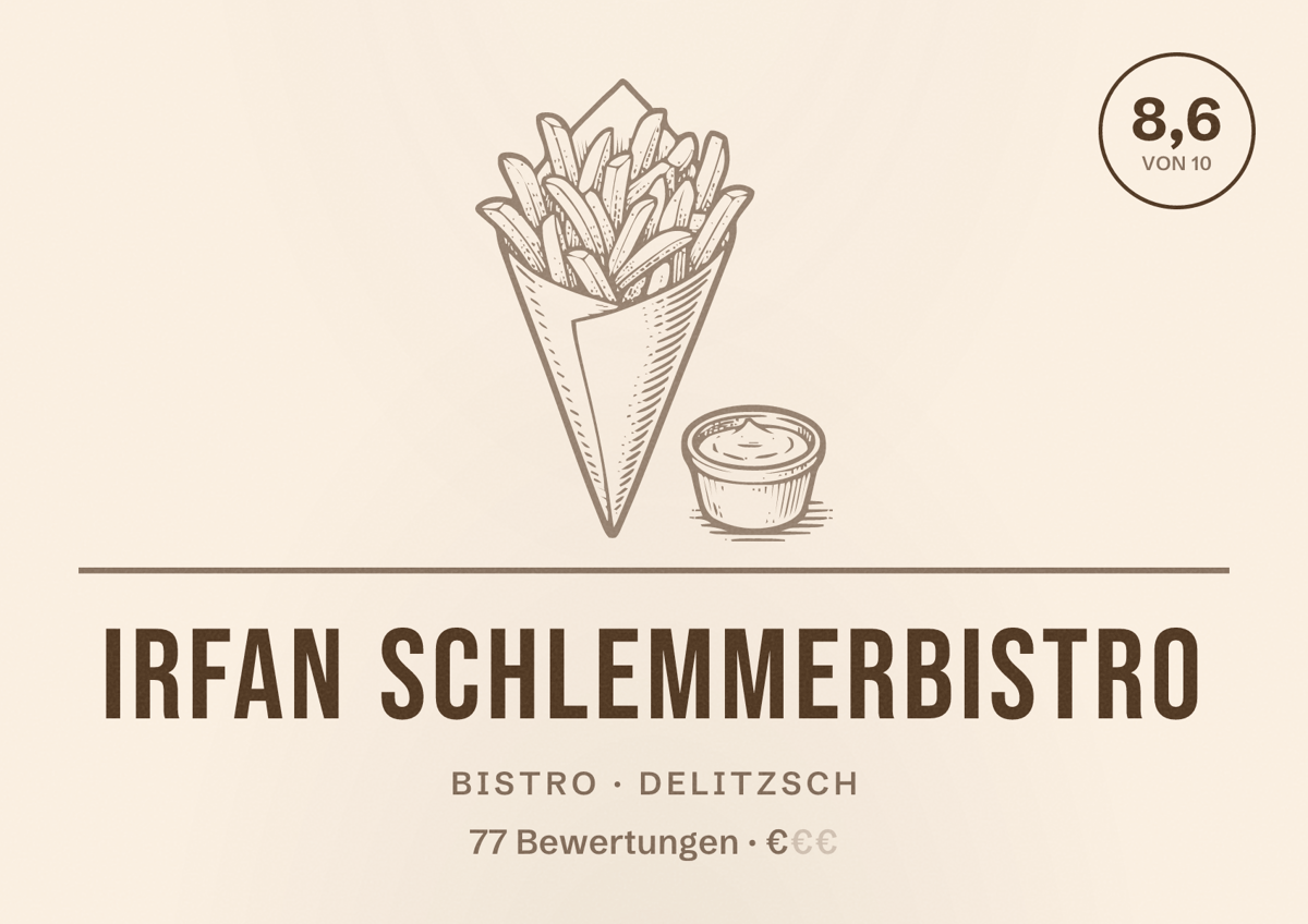 Illustriertes Poster von Irfan Schlemmerbistro, Bistro in Delitzsch: Bewertung 8,6 von 10 aus 77 Bewertungen, Preisniveau €