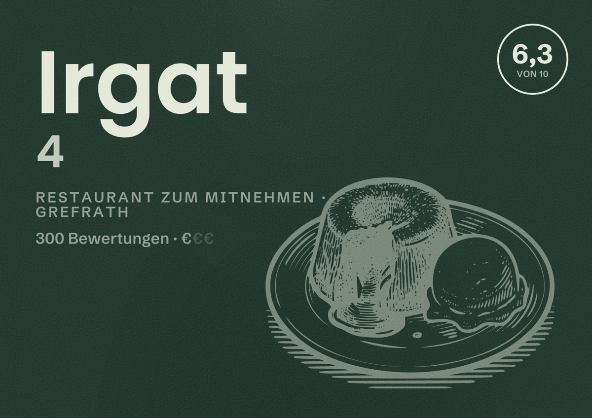 Illustriertes Poster von Irgat 4, Restaurant zum Mitnehmen in Grefrath: Bewertung 6,3 von 10 aus 300 Bewertungen, Preisniveau €