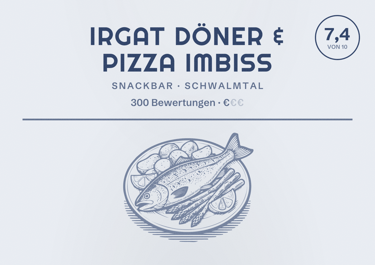 Illustriertes Poster von Irgat Döner & Pizza imbiss, Snackbar in Schwalmtal: Bewertung 7,4 von 10 aus 300 Bewertungen, Preisniveau €