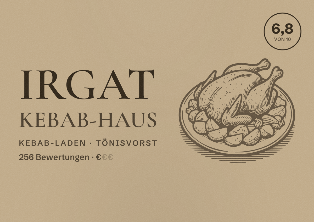 Illustriertes Poster von Irgat Kebab-Haus, Kebab-Laden in Tönisvorst: Bewertung 6,8 von 10 aus 256 Bewertungen, Preisniveau €