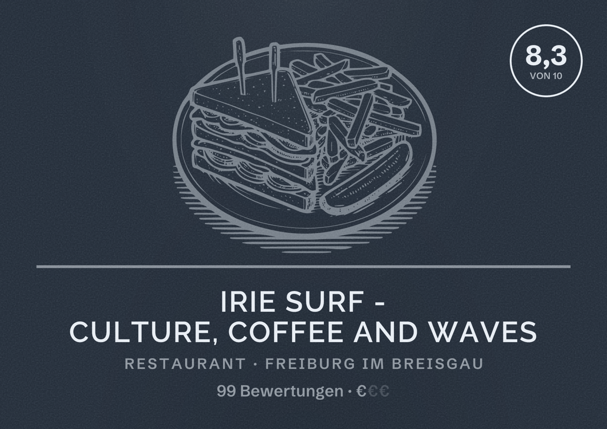 Illustriertes Poster von irie surf - Culture, Coffee and Waves, Restaurant in Freiburg im Breisgau: Bewertung 8,3 von 10 aus 99 Bewertungen, Preisniveau €