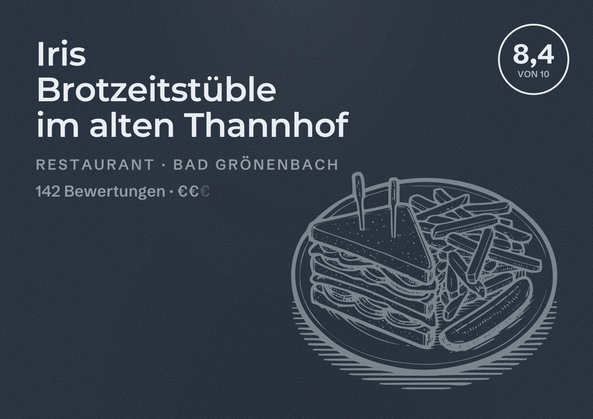 Illustriertes Poster von Iris Brotzeitstüble im alten Thannhof, Restaurant in Bad Grönenbach: Bewertung 8,4 von 10 aus 142 Bewertungen, Preisniveau €€