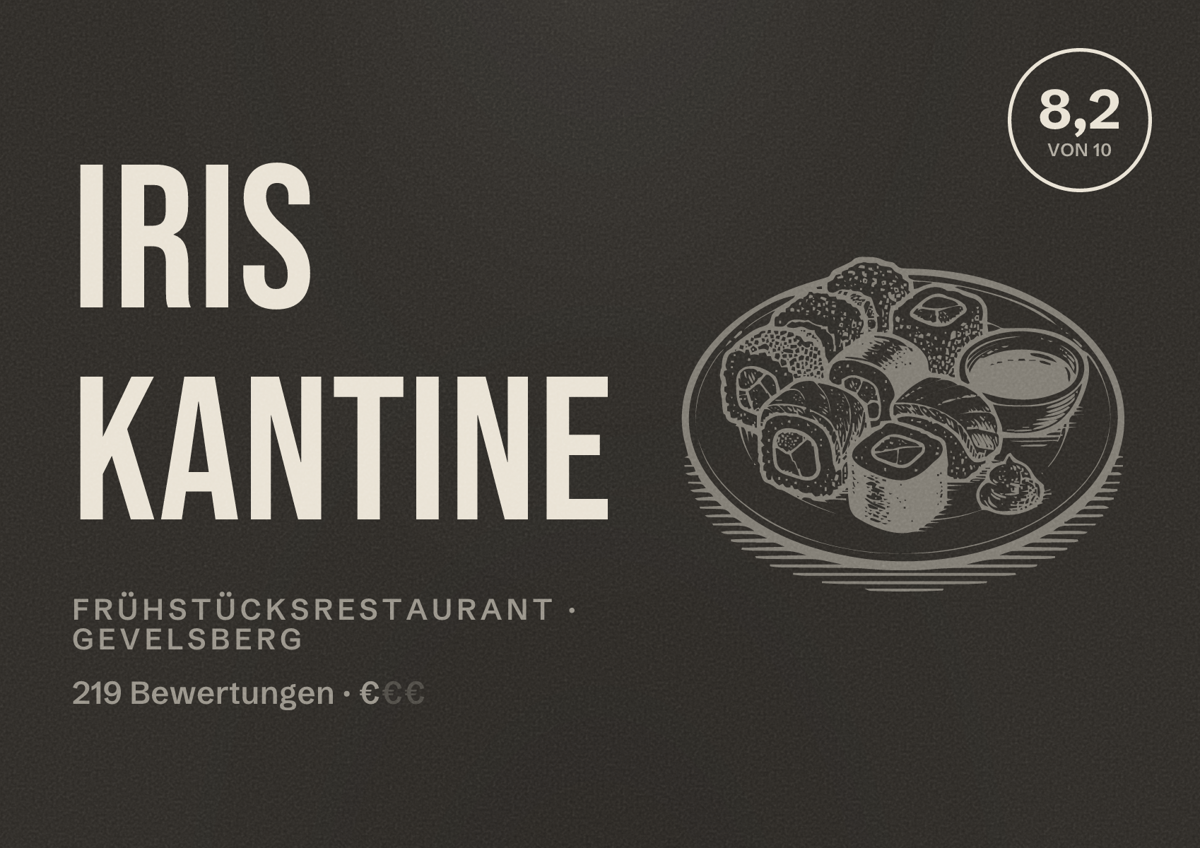Illustriertes Poster von Iris Kantine, Frühstücksrestaurant in Gevelsberg: Bewertung 8,2 von 10 aus 219 Bewertungen, Preisniveau €