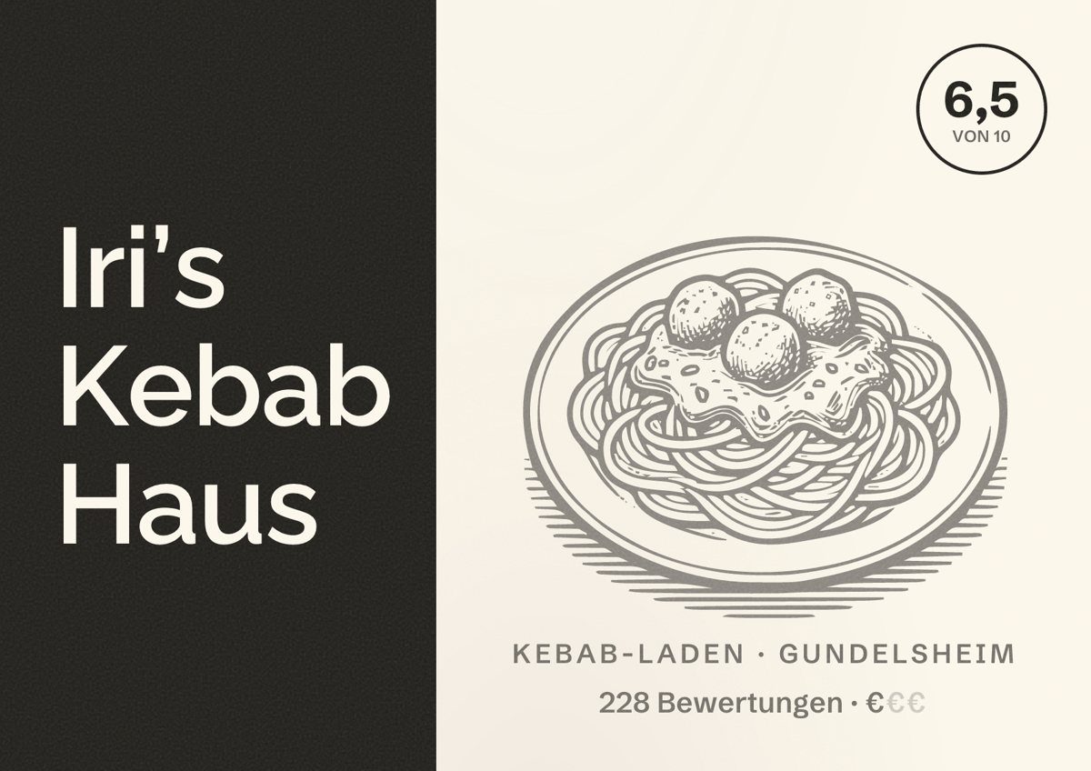Illustriertes Poster von Iri’s Kebab Haus, Kebab-Laden in Gundelsheim: Bewertung 6,5 von 10 aus 228 Bewertungen, Preisniveau €
