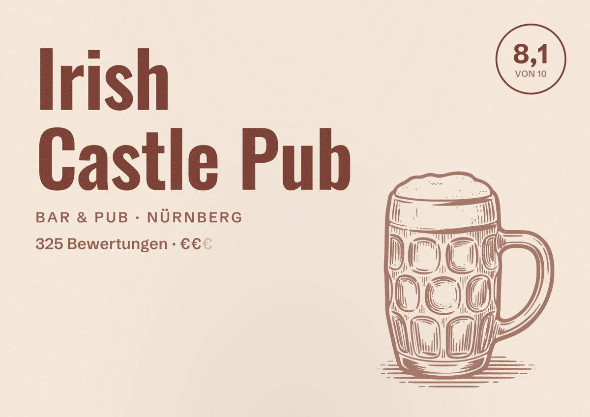 Illustriertes Poster von Irish Castle Pub, Bar & Pub in Nürnberg: Gästebewertung 8,1 von 10 aus 325 Bewertungen