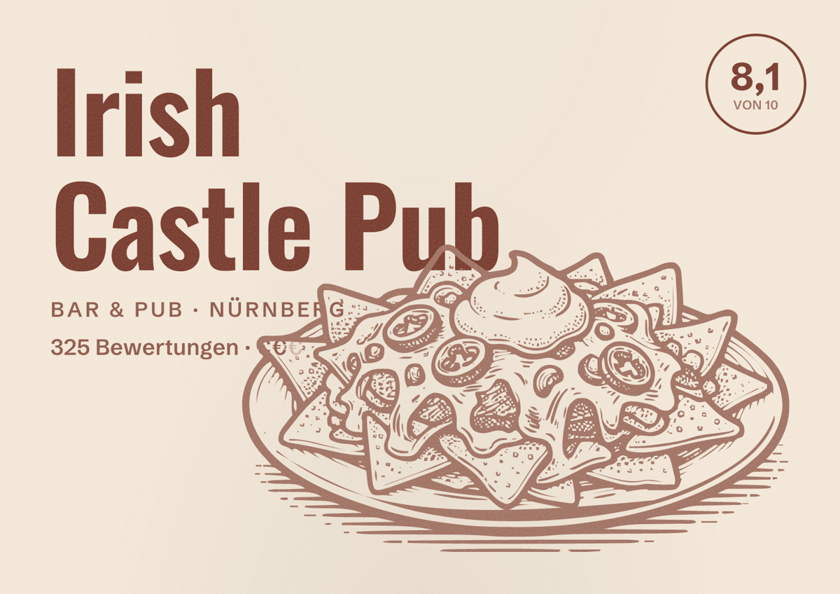 Illustriertes Poster von Irish Castle Pub, Bar & Pub in Nürnberg: Bewertung 8,1 von 10 aus 325 Bewertungen, Preisniveau €€