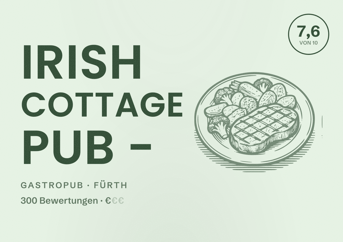Illustriertes Poster von Irish Cottage Pub -, Gastropub in Fürth: Bewertung 7,6 von 10 aus 300 Bewertungen, Preisniveau €