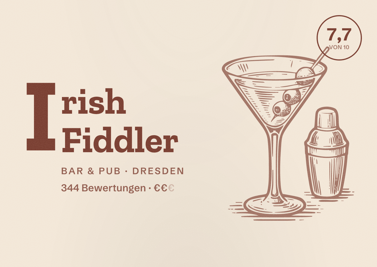 Illustriertes Poster von Irish Fiddler, Bar & Pub in Dresden: Bewertung 7,7 von 10 aus 344 Bewertungen, Preisniveau €€