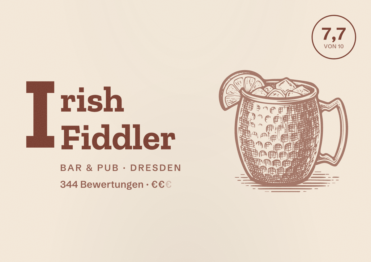 Illustriertes Poster von Irish Fiddler, Bar & Pub in Dresden: Bewertung 7,7 von 10 aus 344 Bewertungen, Preisniveau €€