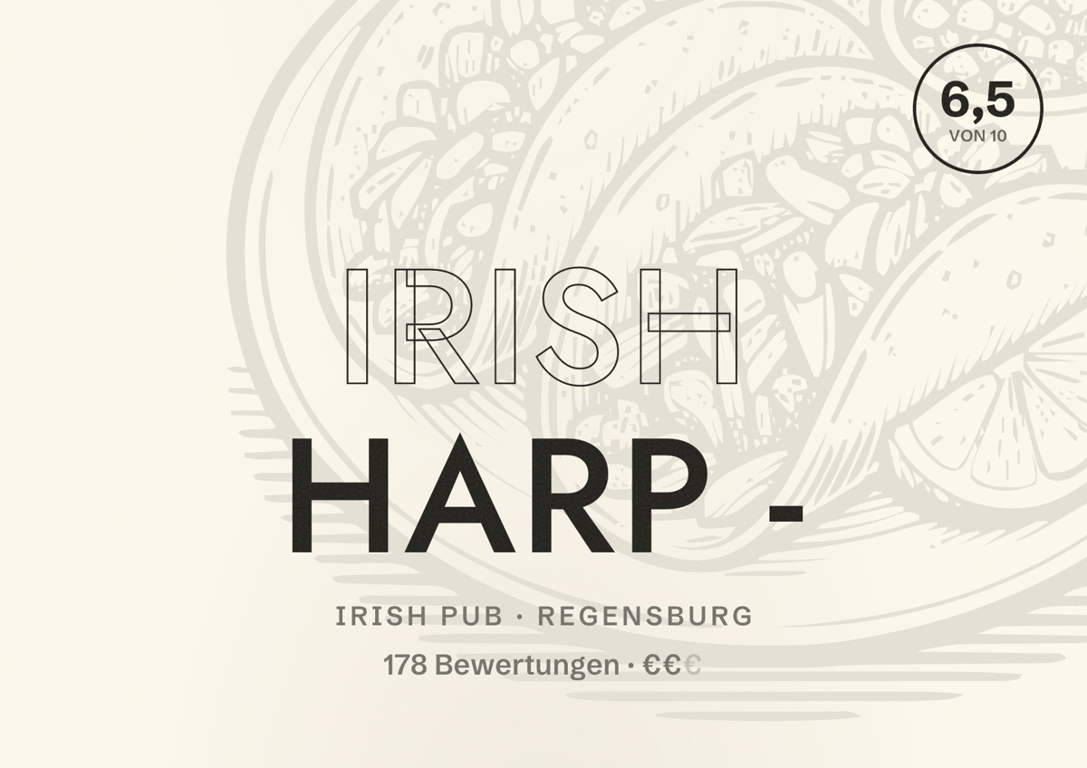 Illustriertes Poster von Irish Harp -, Irish Pub in Regensburg: Bewertung 6,5 von 10 aus 178 Bewertungen, Preisniveau €€