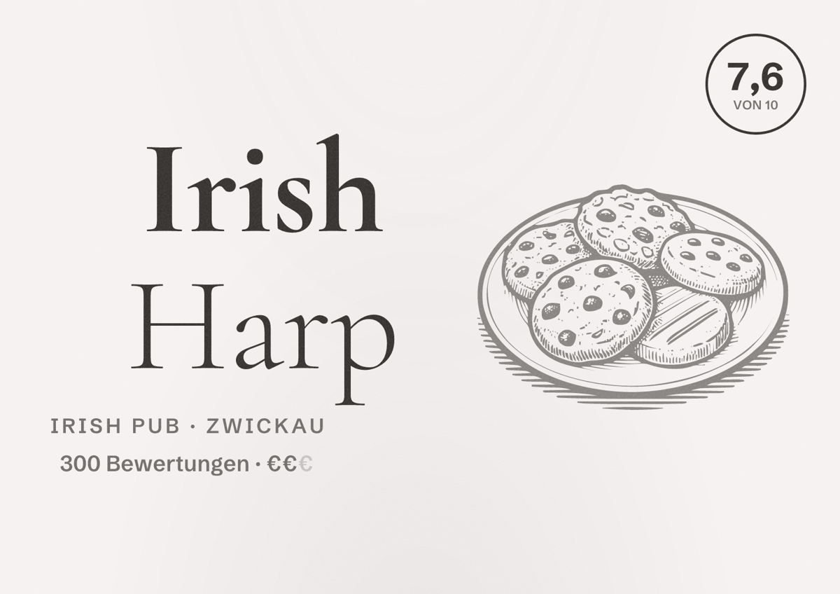 Illustriertes Poster von Irish Harp, Irish Pub in Zwickau: Bewertung 7,6 von 10 aus 300 Bewertungen, Preisniveau €€