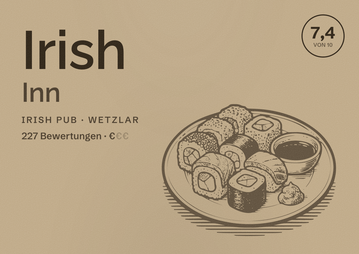 Illustriertes Poster von Irish Inn, Irish Pub in Wetzlar: Bewertung 7,4 von 10 aus 227 Bewertungen, Preisniveau €