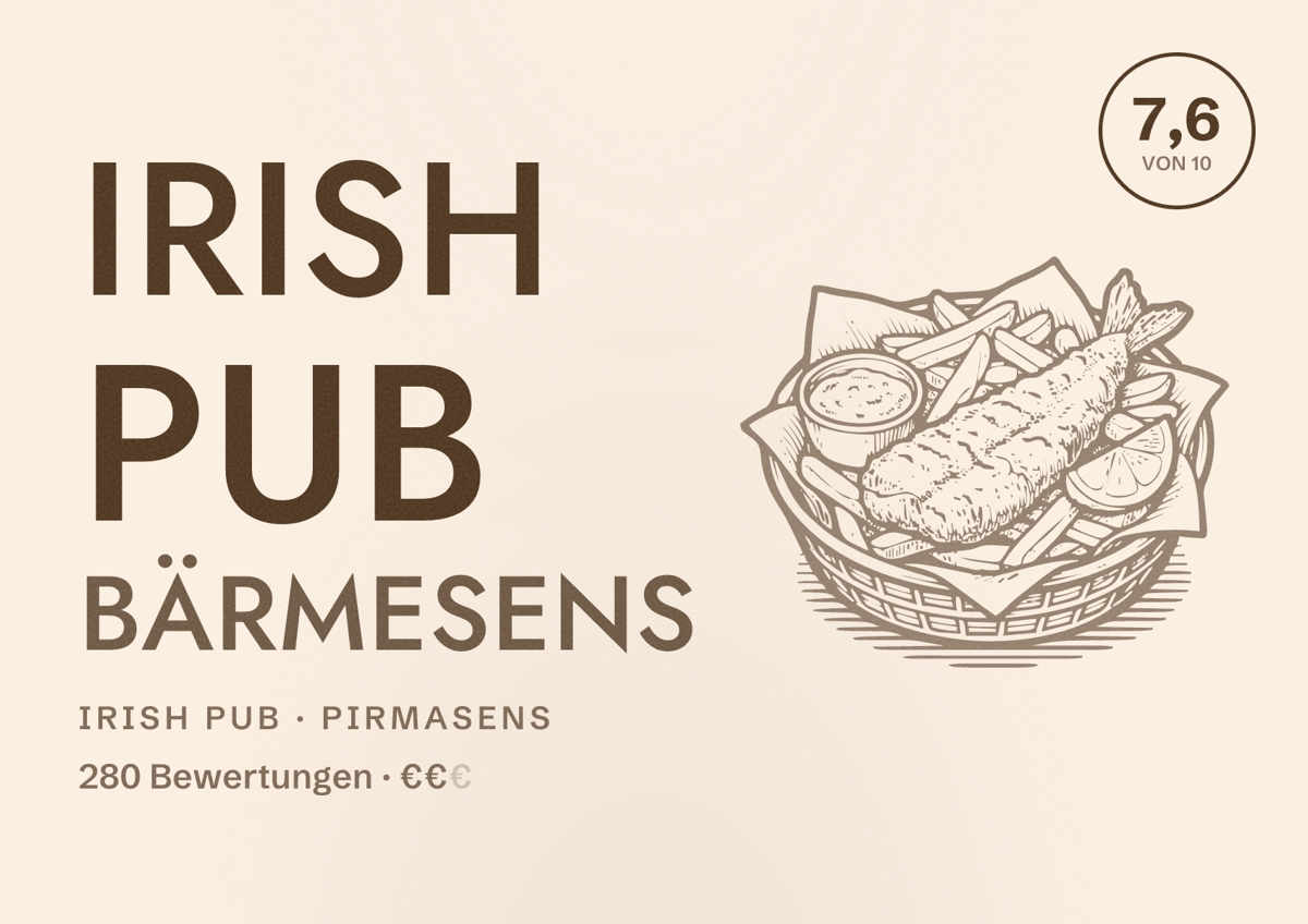 Illustriertes Poster von Irish Pub Bärmesens, Irish Pub in Pirmasens: Bewertung 7,6 von 10 aus 280 Bewertungen, Preisniveau €€