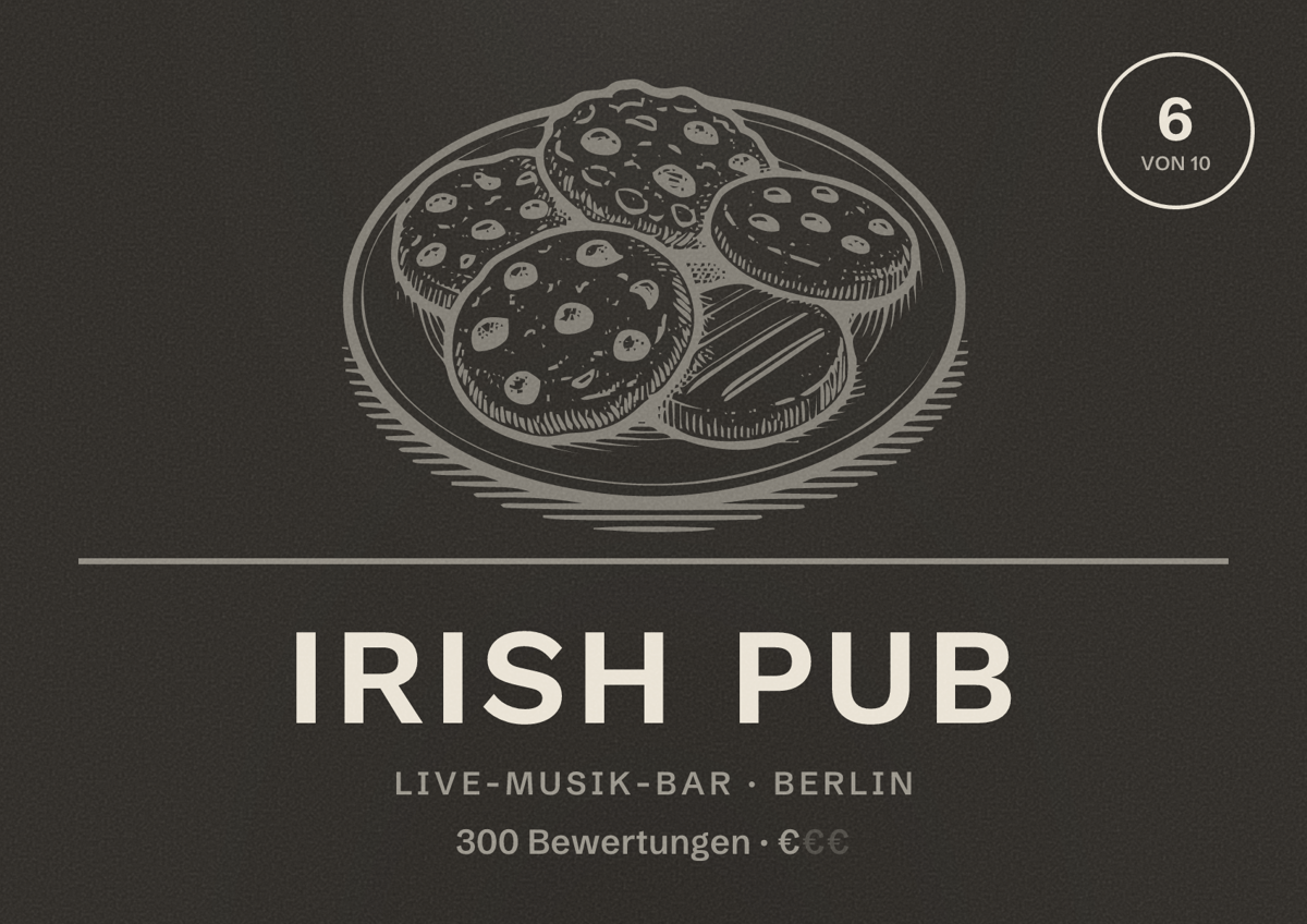 Illustriertes Poster von Irish Pub, Live-Musik-Bar in Berlin: Bewertung 6,0 von 10 aus 300 Bewertungen, Preisniveau €