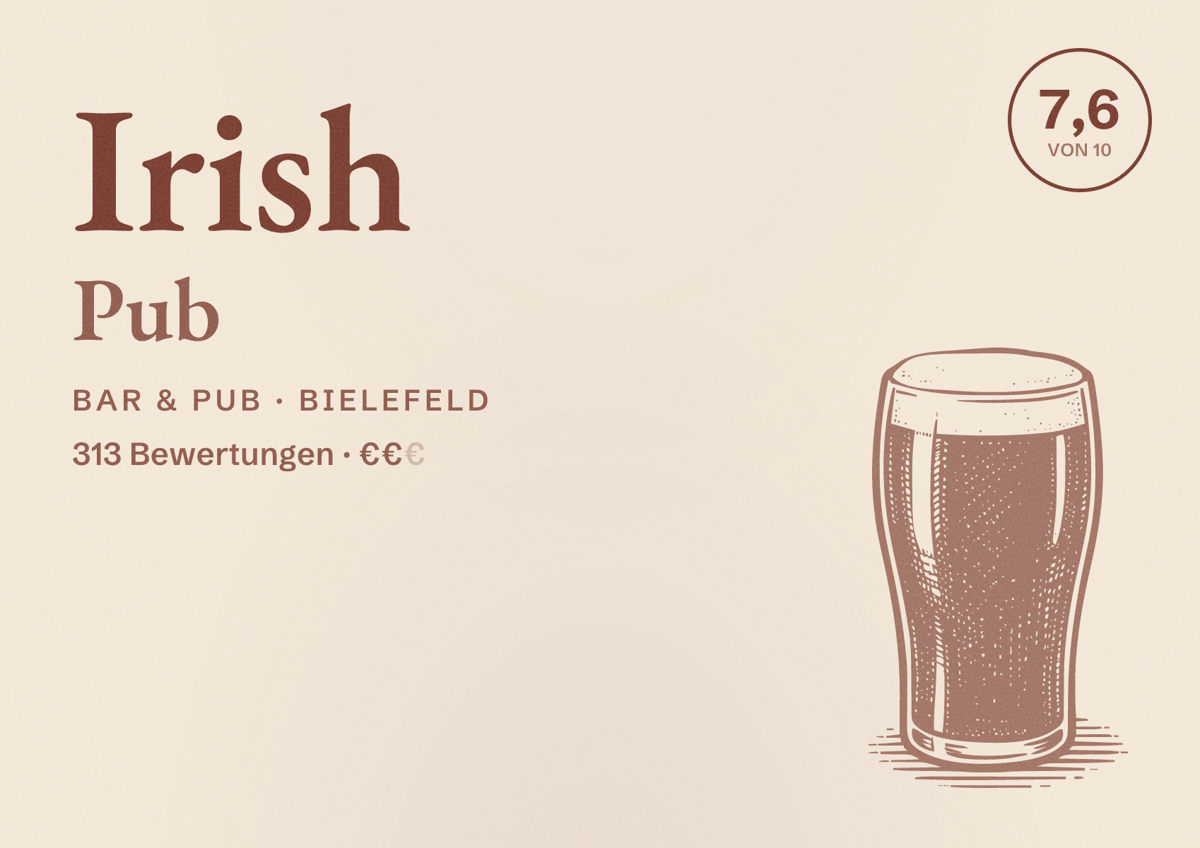 Illustriertes Poster von Irish Pub, Bar & Pub in Bielefeld: Bewertung 7,6 von 10 aus 313 Bewertungen, Preisniveau €€