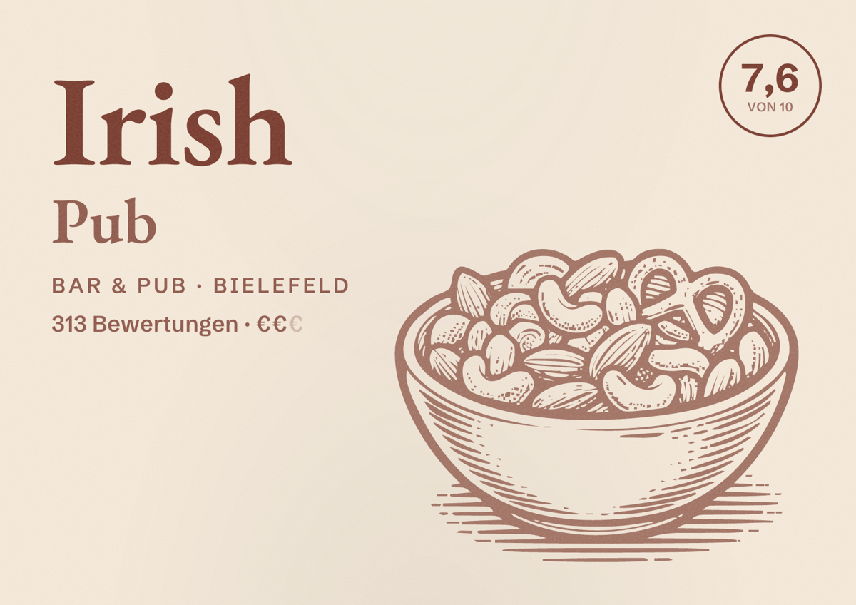 Illustriertes Poster von Irish Pub, Bar & Pub in Bielefeld: Bewertung 7,6 von 10 aus 313 Bewertungen, Preisniveau €€