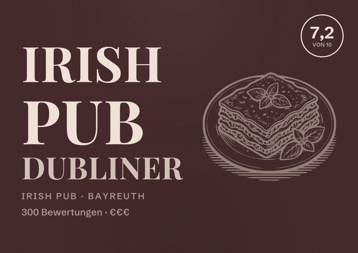 Illustriertes Poster von Irish Pub Dubliner, Irish Pub in Bayreuth: Bewertung 7,2 von 10 aus 300 Bewertungen, Preisniveau €€€