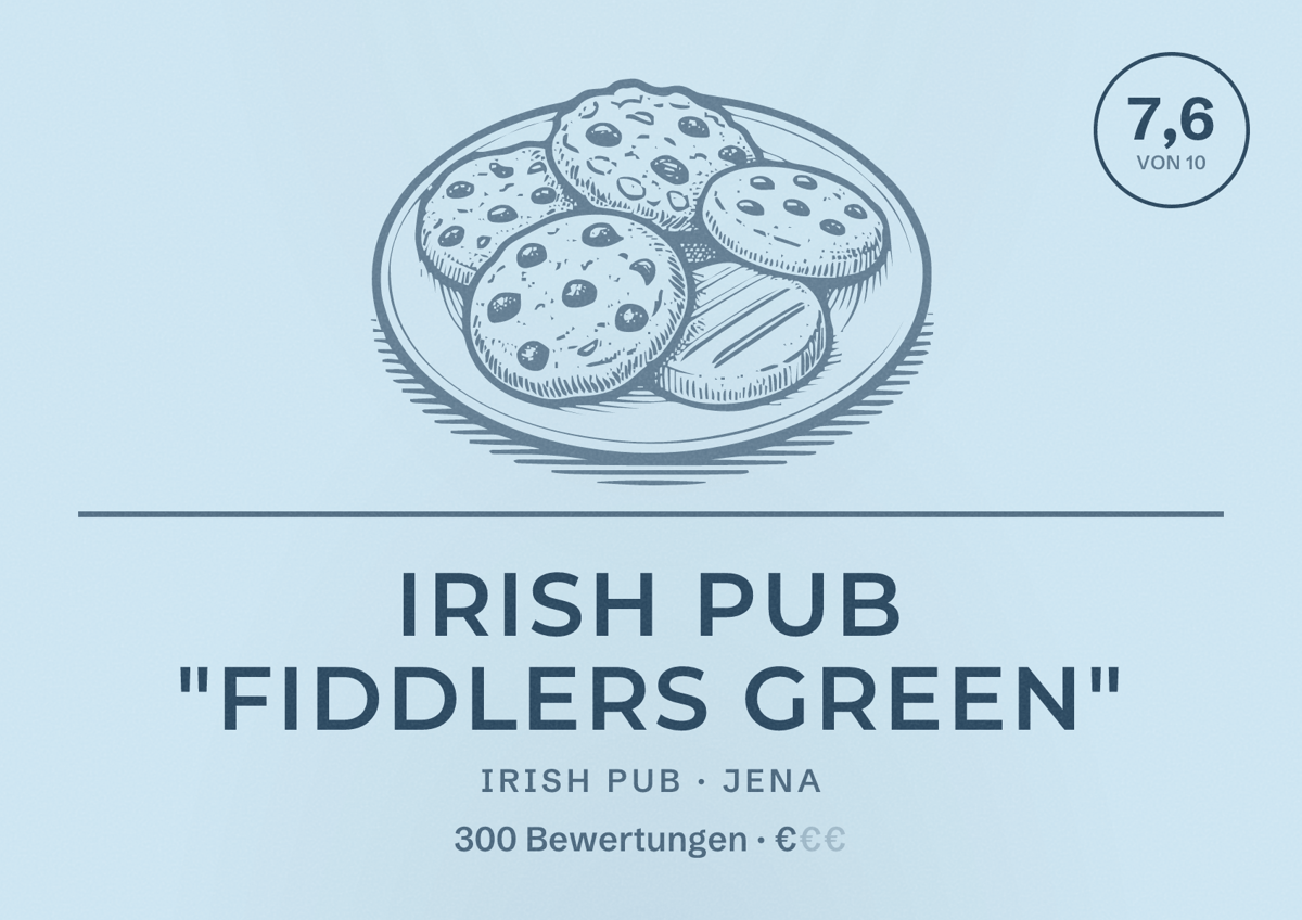 Illustriertes Poster von Irish Pub "Fiddlers Green", Irish Pub in Jena: Bewertung 7,6 von 10 aus 300 Bewertungen, Preisniveau €