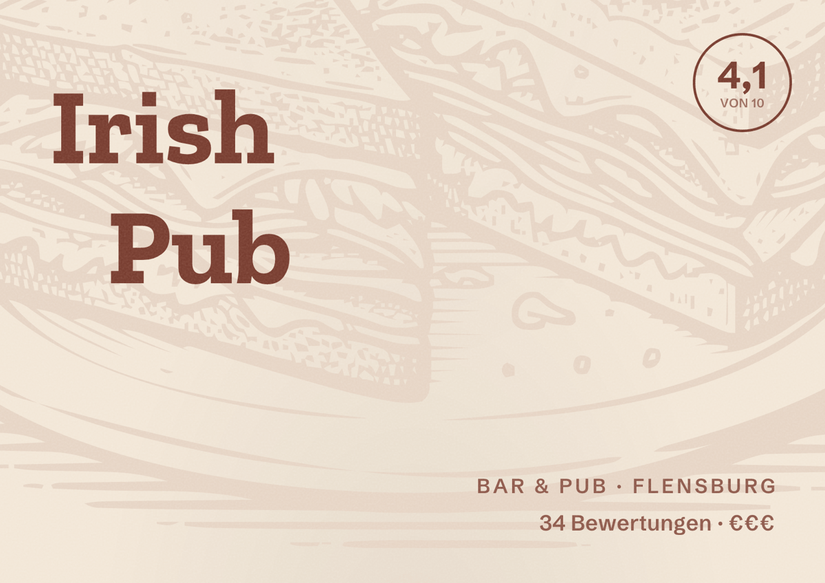 Illustriertes Poster von Irish Pub, Bar & Pub in Flensburg: Bewertung 4,1 von 10 aus 34 Bewertungen, Preisniveau €€€