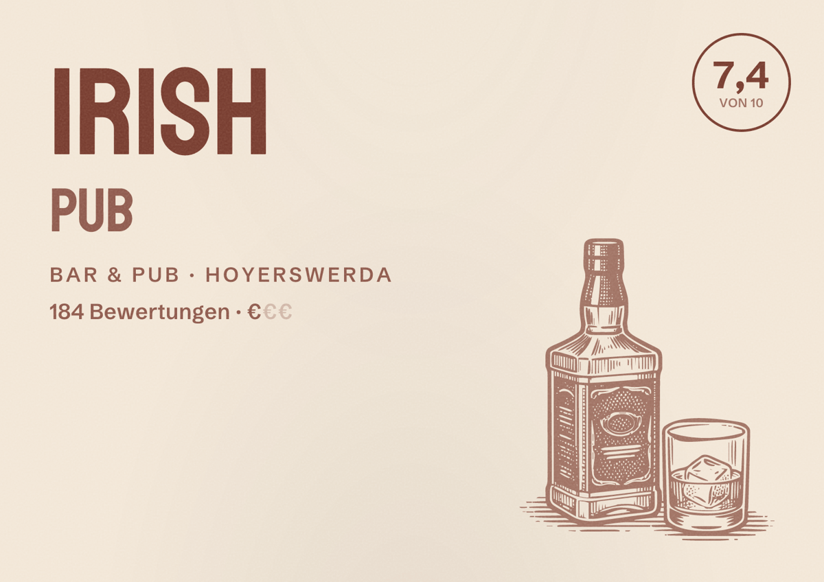 Illustriertes Poster von Irish Pub, Bar & Pub in Hoyerswerda: Bewertung 7,4 von 10 aus 184 Bewertungen, Preisniveau €