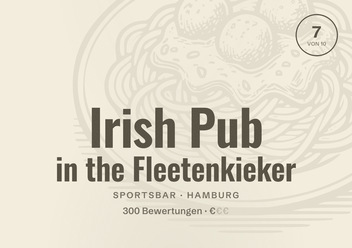 Illustriertes Poster von Irish Pub in the Fleetenkieker, Sportsbar in Hamburg: Bewertung 7,0 von 10 aus 300 Bewertungen, Preisniveau €