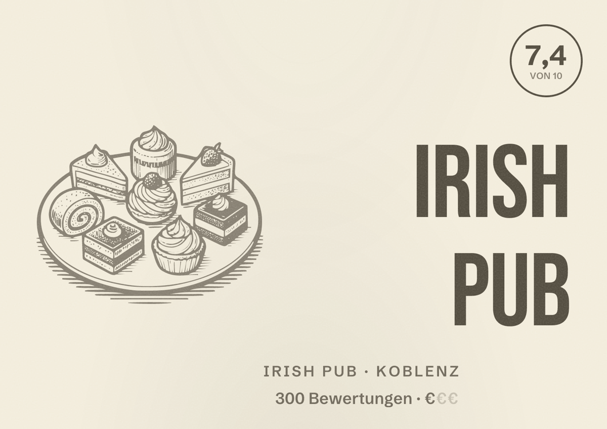 Illustriertes Poster von Irish Pub, Irish Pub in Koblenz: Bewertung 7,4 von 10 aus 300 Bewertungen, Preisniveau €