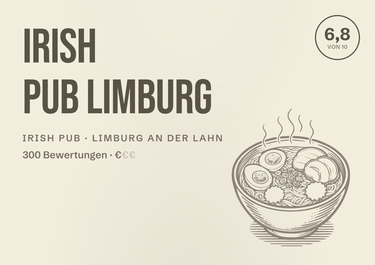 Illustriertes Poster von Irish Pub Limburg, Irish Pub in Limburg an der Lahn: Bewertung 6,8 von 10 aus 300 Bewertungen, Preisniveau €