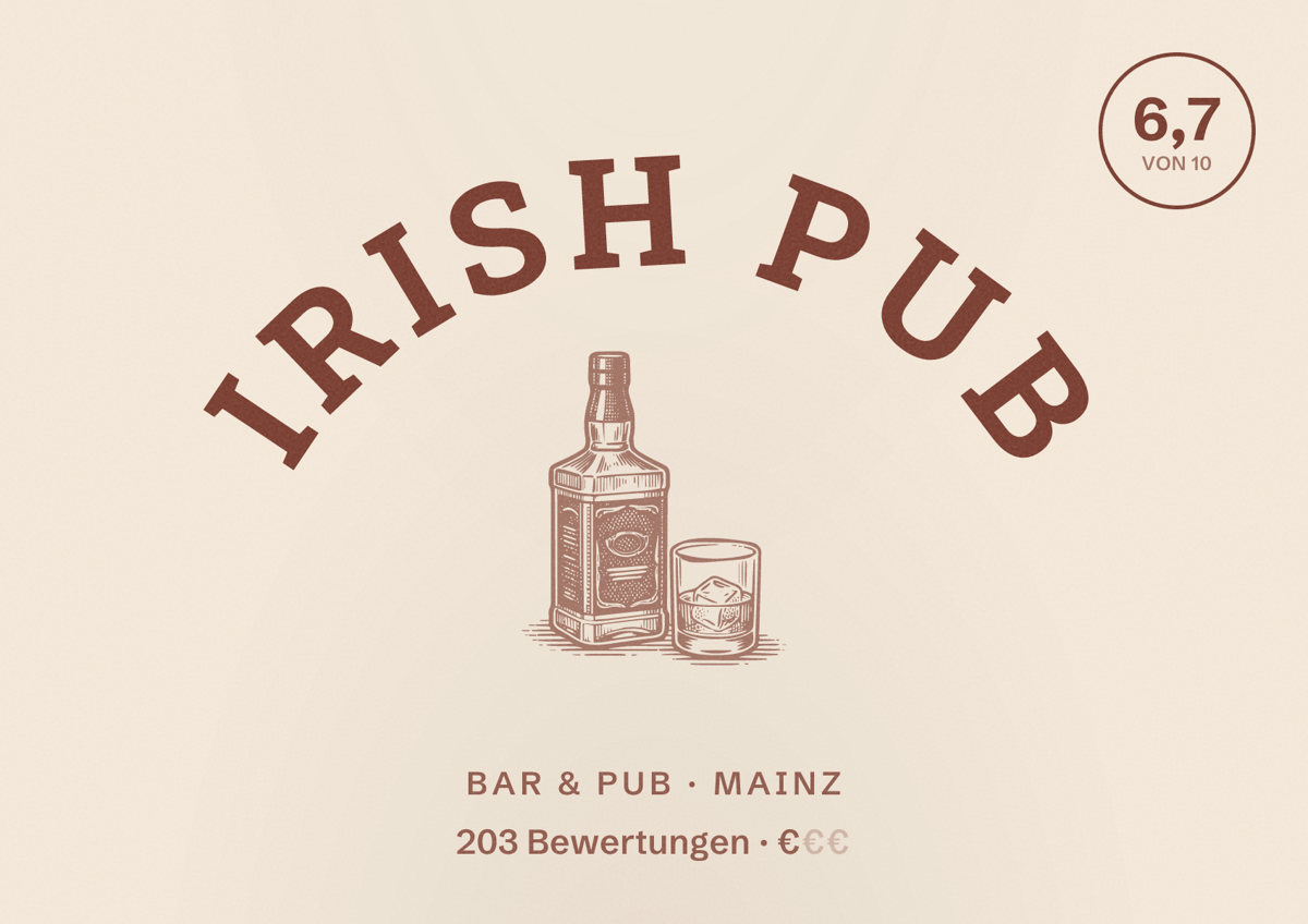 Illustriertes Poster von Irish Pub, Bar & Pub in Mainz: Bewertung 6,7 von 10 aus 203 Bewertungen, Preisniveau €