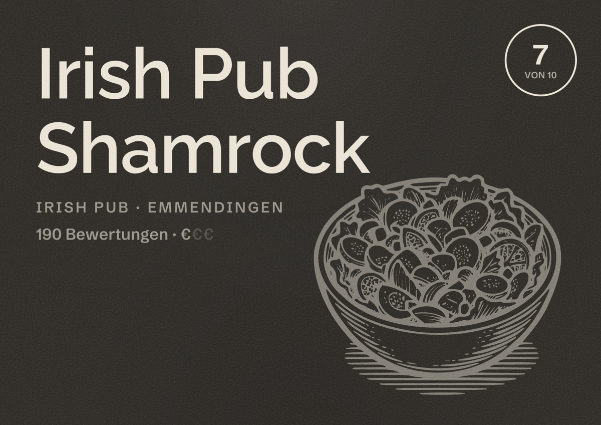 Illustriertes Poster von Irish Pub Shamrock, Irish Pub in Emmendingen: Bewertung 7 von 10 aus 190 Bewertungen, Preisniveau €