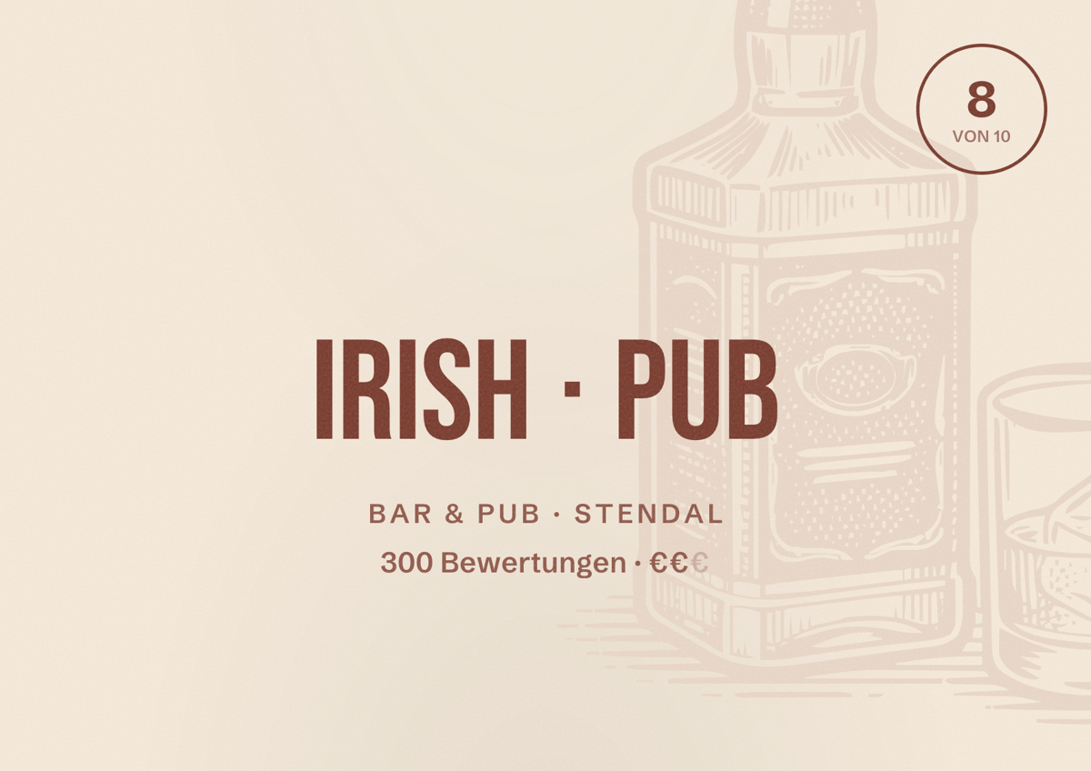 Illustriertes Poster von Irish Pub, Bar & Pub in Stendal: Bewertung 8 von 10 aus 300 Bewertungen, Preisniveau €€