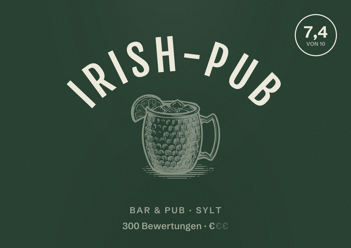Illustriertes Poster von Irish-Pub, Bar & Pub in Sylt: Bewertung 7,4 von 10 aus 300 Bewertungen, Preisniveau €